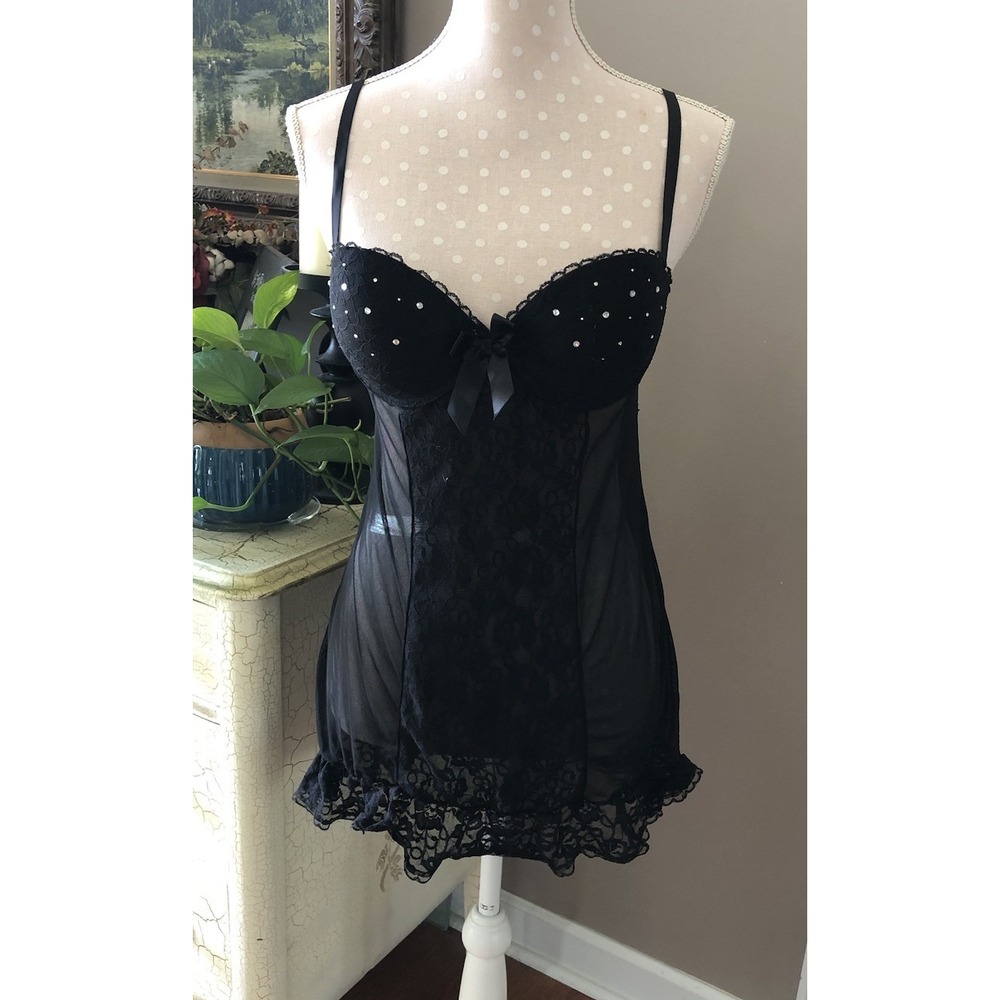 True Desire Babydoll Nightie Lingerie Black Lace Sheer Gown Push Up Rhinestone M